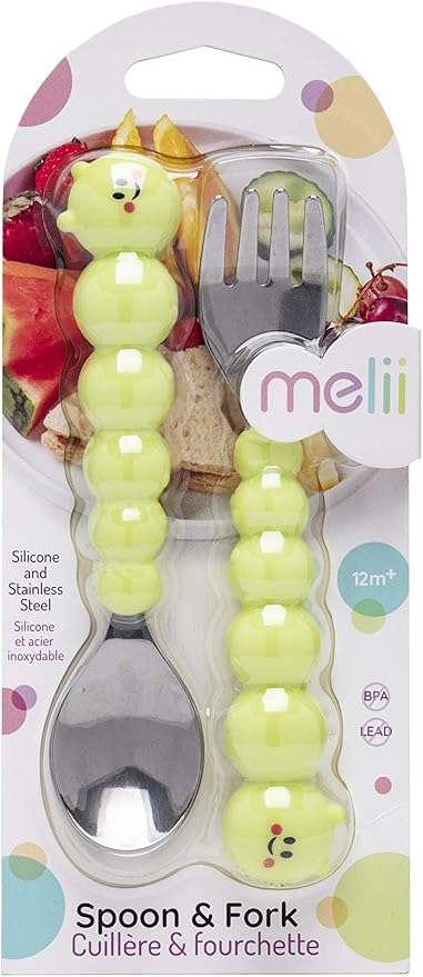 melii Caterpillar Spoon and Fork Utensil Set for Toddlers - BPA-Free Silicone and Stainless Steel Kids Utensils - Ergonomic, Easy-Grip Design for Fun & Safe Eating for Children