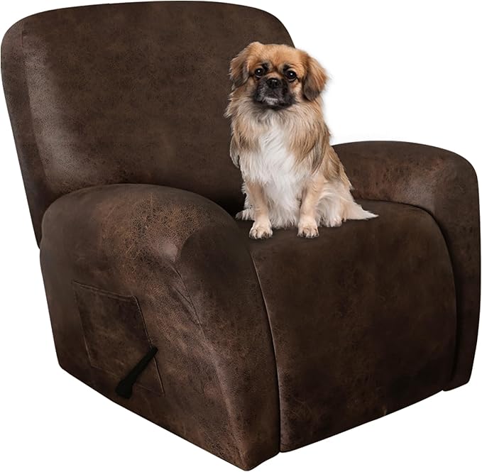 Leather Look Recliner Chair Covers Stay in Place 4-Piece Lazy Boy Recliner Slipcovers for Reclining Chair Furniture Protector Spandex Fabric Washable (X-Large, Dark Brown)