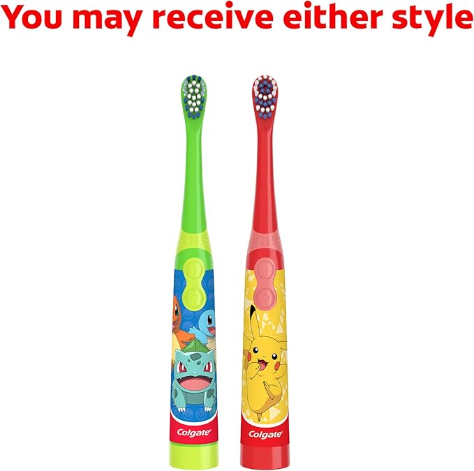 Colgate Kids Battery Powered Toothbrush, Kids Battery Toothbrush with Included AA Battery, Extra Soft Bristles, Flat-Laying Handle to Prevent Rolling, Pokemon Toothbrush, 1 Pack (Style May Vary)