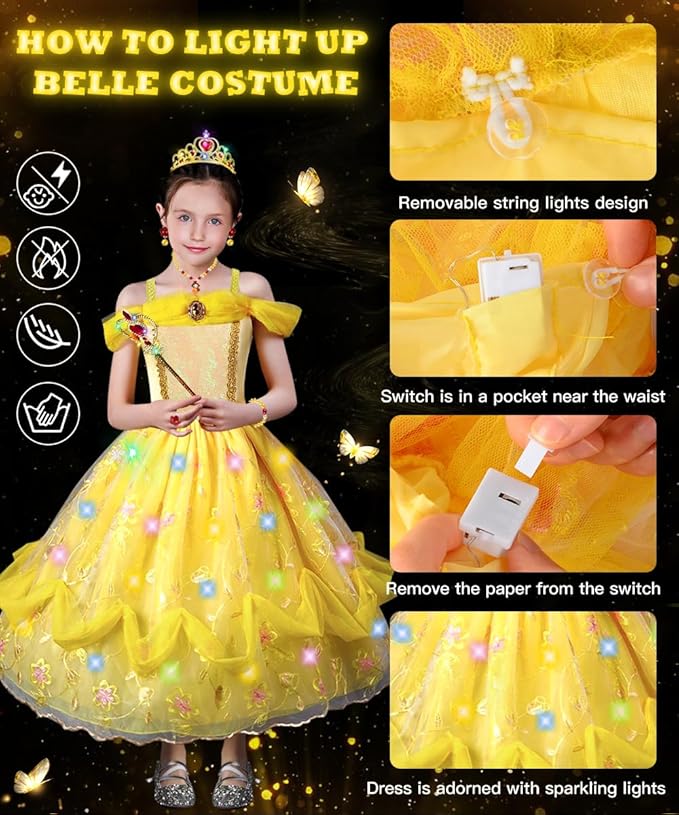 TOLOYE Princess Dress Up for Girls, Princess Costume for Girls Light Up with Accessories for Halloween Carnival Cospaly