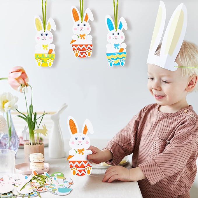 Fennoral 12 Pack Easter Bunny Craft for Kids Make You Own Easter Rabbit Foam Stickers Ornament DIY Easter Arts and Crafts for Easter Party Decoration Easter Gifts