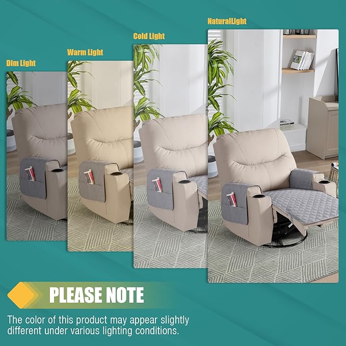 Ruaozz Waterproof Recliner Chair Covers Non Slip Chair Covers Recliner Seat Cover with Arms Washable Recliner Covers for Reclining Chair with Pocket, Covers for Recliner Chair (Light Grey, Small-22'')