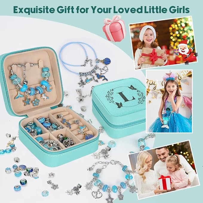 Charm Bracelet Making Kit, Kid Jewelry Making Kit for Girls 8-12, Unicorn Craft Kits for Teen Girls Toys Ages 3-10 Years Old Girl Gifts Trendy Stuff Birthday Christmas Gift with Initial Jewelry Box- L