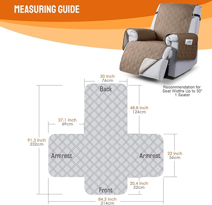 VANSOFY 100% Waterproof Recliner Chair Covers, Recliner Cover Non-Slip Dog Chair Cover Furniture Protector Washable Slipcover with Pocket, Elastic Straps for Pets, Dogs(Light Brown, 30")