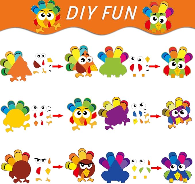 chiazllta 30Pcs Thanksgiving Craft Kits DIY Turkey Craft for Kindergarten Kids, Fall Art Craft Make Your Own Turkey Card Sticker Set for Home Class Game Activities Preschoolers