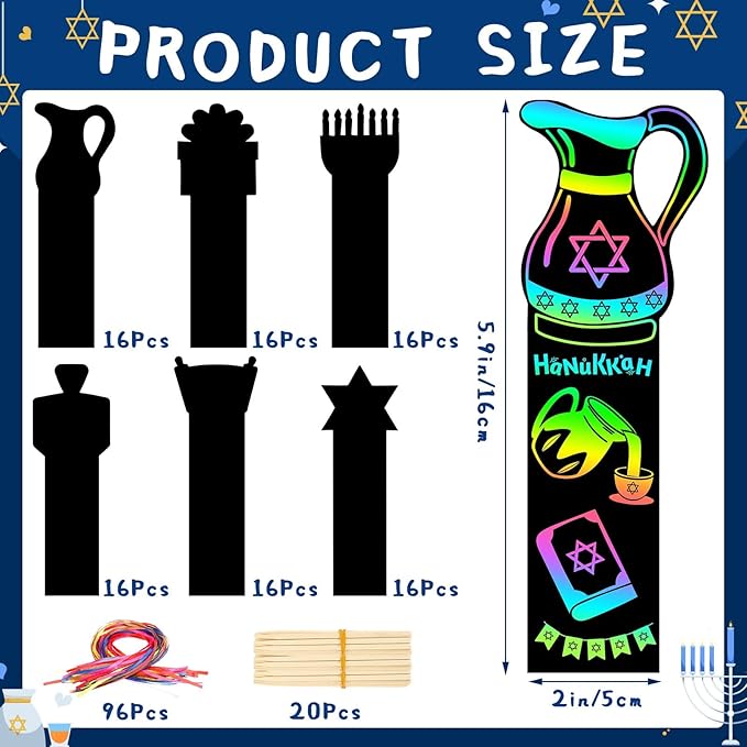 AUGSUN 96Pcs Hanukkah Crafts for Kids, Chanukah Magic Rainbow Scratch Art Bookmarks Hanukkah Gifts for Kids Home Classroom Activities Hanukkah Decorations Party Favors Games Hanging Ornaments