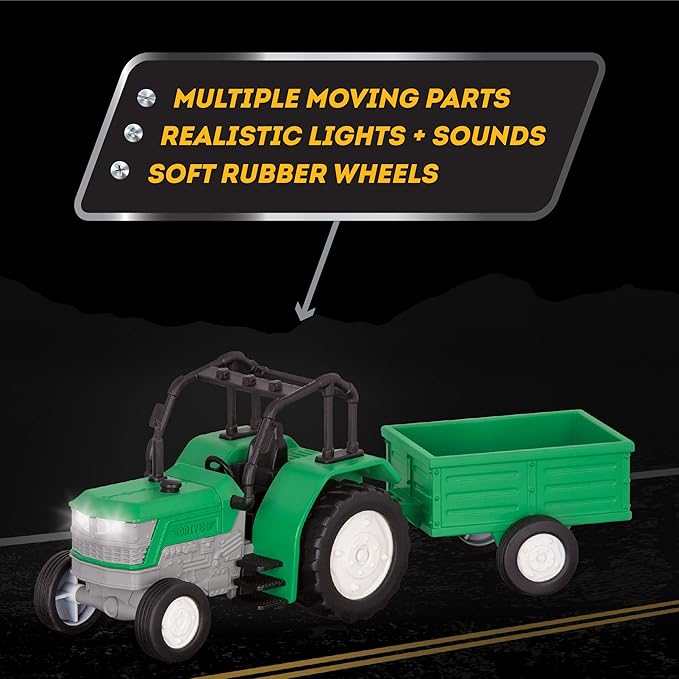 Driven by Battat – Micro 1:24 Scale – Tractor Toy – Farm Toy Vehicle with Detachable Trailer – Realistic Light & Sound – Gift Toy for Kids Age 3+