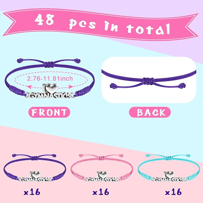 Sureio 48 Pcs Gymnastics Bracelet Gifts Bulk Adjustable Rope Braided Bracelets Christmas Gifts Gymnastics Jewelry Gymnastics Party Favors Supplies for Women Gymnasts