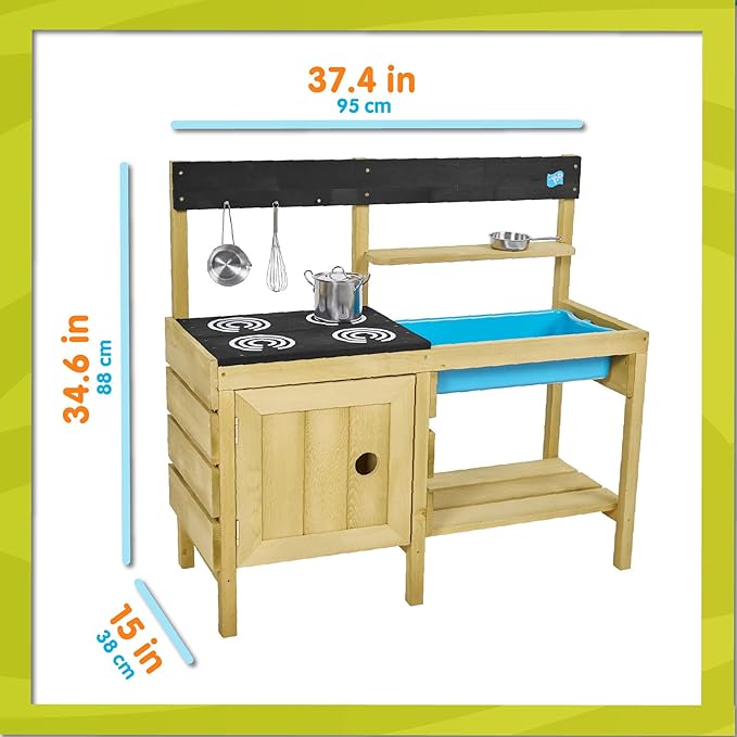 Mud Play Kitchen For Kids - Indoor, Outdoor Wooden Toy Toddler Kitchen Playset with Accessories, Durable, Weatherproof, Removable Sink, Chalkboard, Wood Burner Stencils, Easy Assembly, Ages 3+