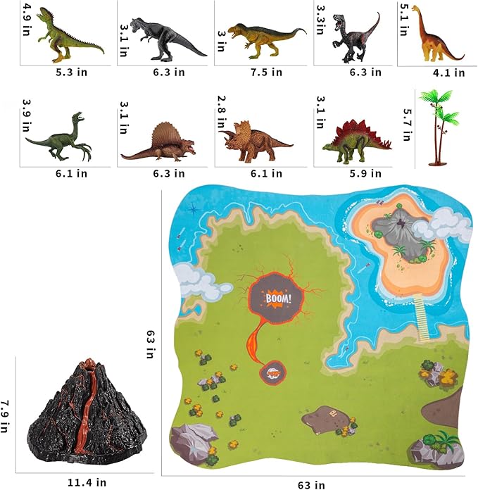 TEMI Dinosaur Toys with Simulation Volcano for Kids 3-5 Years, Toddlers Dinosaur Figures and Large Play Mat for Boys and Girls, Gifts for Preschool Toddlers (Size 63x63 in)