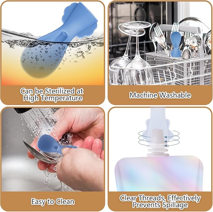 Silicone Spoon Attachment for Baby Food Pouch with On-the-Go Cases - Includes 2 Squeeze Pouch Topper Attachments (White-Blue)