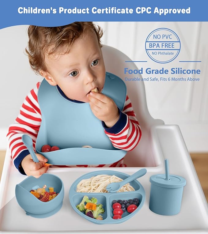Silicone Baby Feeding Set, 10 Pcs Baby Led Weaning Supplies with Suction Bowl Divided Plate Adjustable Bib Soft Spoon Fork Snack Cup with Lid Drinking Cup, Utensil (Blue)