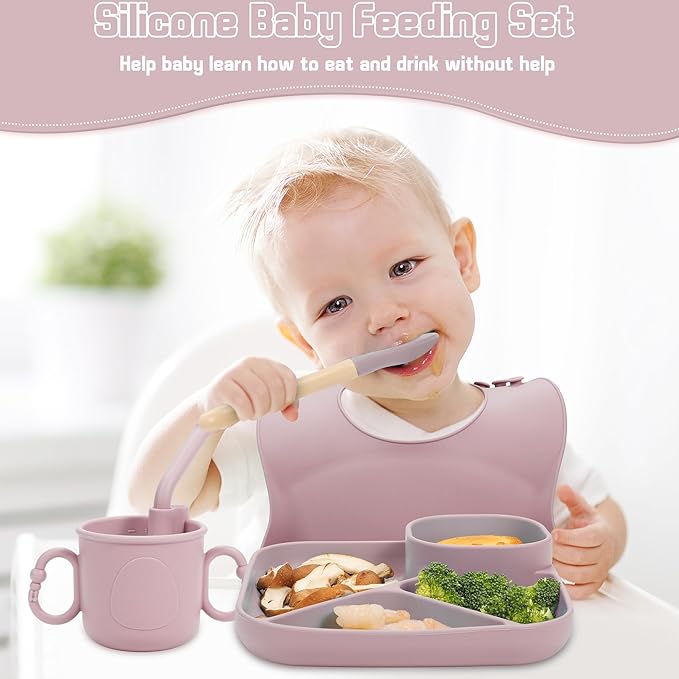 Silicone Baby Feeding Set, Baby Led Weaning Supplies, Silicone Suction Plate, Bowl, Spoons, Fork, Waterproof Bib, Cup and Food Tableware, Eating Utensils Baby Feeding Essentials for 3+ Months