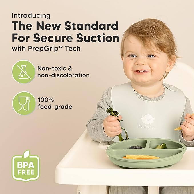 KeaBabies Suction Plates for Baby, Toddler - 3-Pack 100% Silicone Toddler Plates, Divided Baby Plates with Suction, Silicone Plates for Baby, Kids, BPA-Free, Microwave, Dishwasher Safe (Sage)