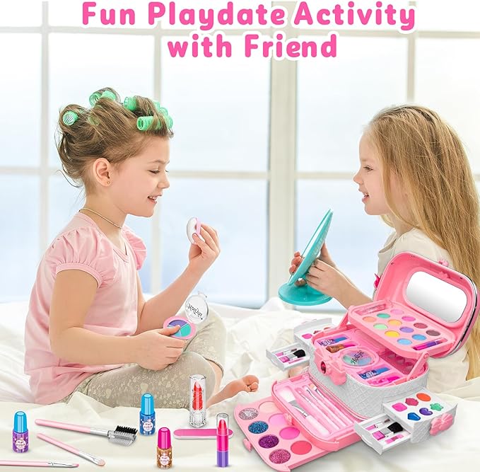 Hollyhi 58 Pcs Kids Makeup Kit for Girl, Princess Toys Real Washable Cosmetic Set with Mirror, Kids Makeup Sets for Girls, Play Make Up Birthday Gifts for 3 4 5 6 7 8 9 10 11 12 Years Old Kid (Pink)