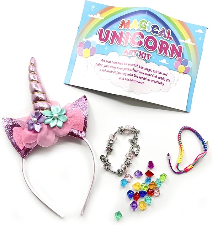 Magic Touches Kids Unicorn Painting Kit, DIY Arts & Crafts with Unicorns, Alicorns, Pegasus, Charm Bracelet, Headband and Gems, Perfect Party Gift Set for Girls Boys Artists Ages 5 to 12+