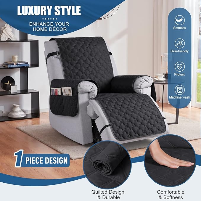 TAOCOCO 100% Waterproof Recliner Covers, Recliner Sofa Covers with Leg Straps, Reversible Recliner Couch Cover for Reclining Chair, Washable Couch Protector for Pets Kids(1 Seater 28", Black)