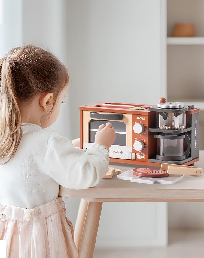 ROBUD Toddler Kitchen Playset - Wooden Breakfast Set with Coffee Maker, Toaster, Griddle, Play Food - Realistic Pretend Play Kitchen Appliance and Accessories for Kids Ages 3+ Boys and Girls (Caramel)