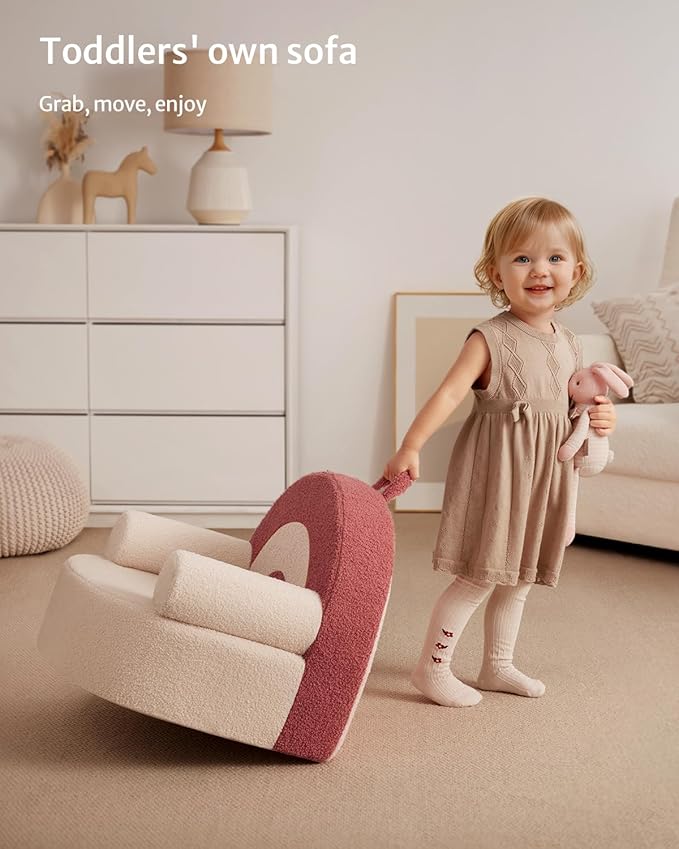 Blissful Diary Toddler Chair Comfy, Foam Kids Chair with Soft Teddy Plush, Toddler Reading Armchair with Cute Rainbow Designs- Light Cream