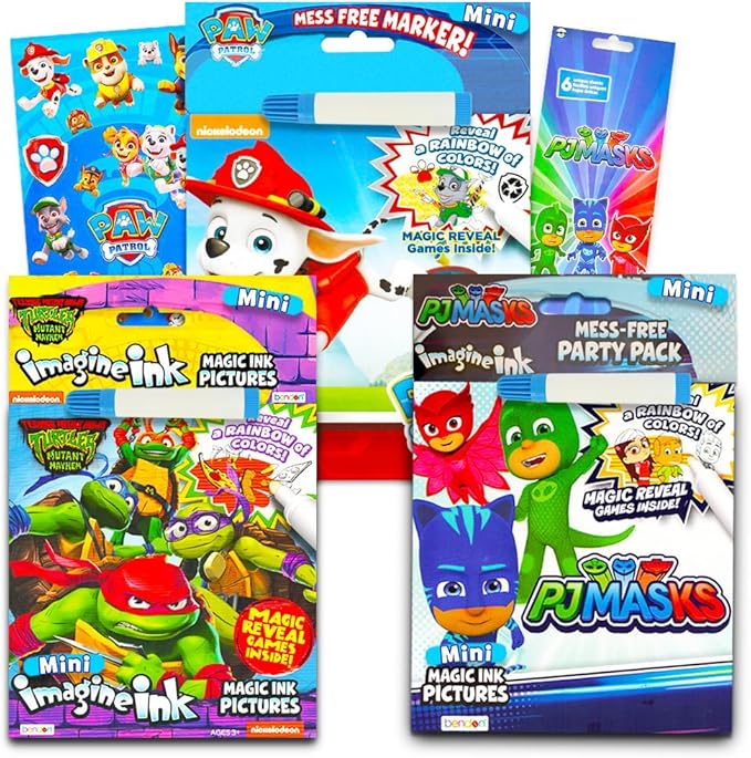 Magic Ink Coloring Book Set - Bundle of 3 Imagine Inks for Kids Toddlers Featuring PJ Masks, Paw Patrol and TMNT with Invisible Ink Pens and Stickers