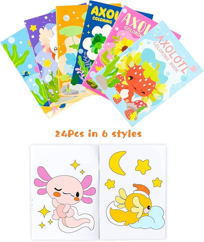 Dvbonike 24Pcs Axolotl Coloring Books Amphibian Theme DIY Art Booklet with Cool Drawing Patterns Birthday Party Favors Halloween Gifts Home School Classroom Activity Supply for Kids Age 4-8