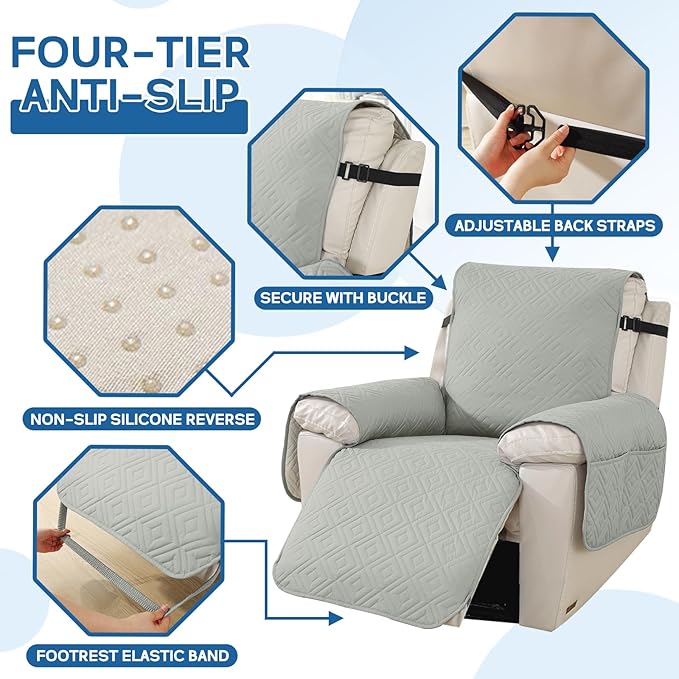 XINEAGE 100% Waterproof Recliner Cover, Non Slip Recliner Chair Cover with Elastic Band, Washable Recliner Slipcover with Storage Pockets for Kids, Pets (Light Gray, 23")