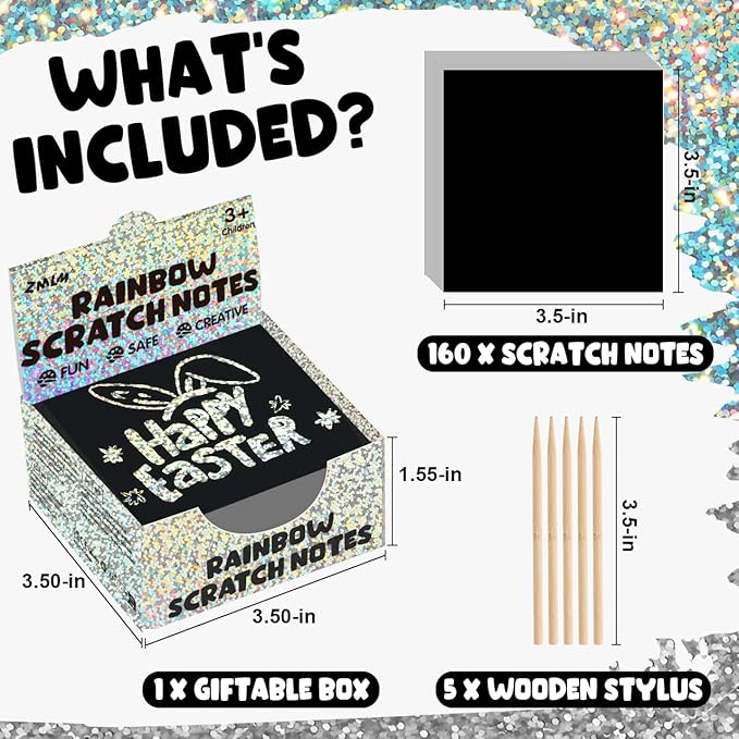 ZMLM Rainbow Scratch Art Paper Mini Note for Kids Gifts Ages 4-8 Bulk Craft Supplies for Teen Girls Boys Easter Basket Stuffers Birthday Classroom Party Games Toy Valentines Day Gift（Silver