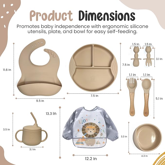 Silicone Baby Feeding Set, Eating Utensils with Suction Plate and Bowl, Baby Led Weaning Supplies, Toddler Self Feeding Dish Set with Waterproof Full Sleeve Bib, Spoon, 10pcs (Beige)