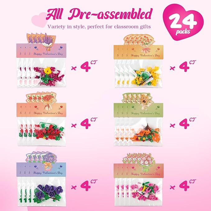Valentines Day Gifts for Kids - 24 Pack Prepacked Valentine's Day Cards with Flower Building Blocks Crafts for School Classroom Class Party Favor, Valentines Craft Exchange for Boys Girls Teens