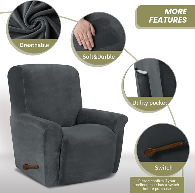 AZON Velvet Stretch Recliner Chair Cover,1-Piece Washable Recliner Couch Cover with Elastic Furniture Protector for Pets, Kids(Recliner, Charcoal)
