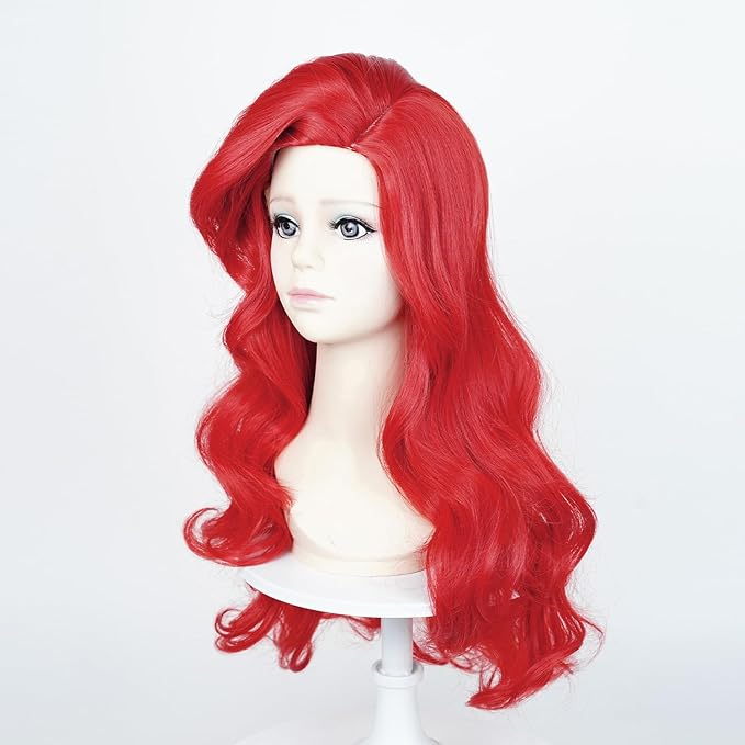 Probeauty Mermaid Wig, Red Long Wave Cosplay Wig with Necklace Bracelet Earrings Ring for Halloween Costume 21 Inches