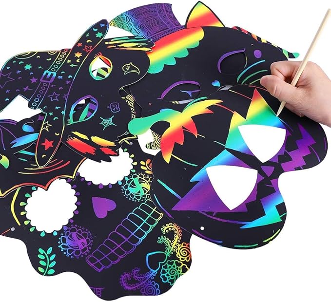 Max Fun 36PCS Halloween Rainbow Scratch Mask, Art Craft Kit for Kids Birthday Cosplay Classroom Decoration, Magic Scratch Paper Halloween Party Favor Supplies Bat Witch Pumpkin Zombie Pirate Skull