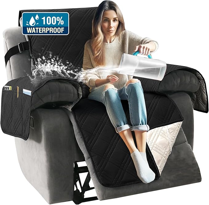 H.VERSAILTEX 100% Waterproof Couch Covers for Reclining Couches Reversible Recliner Chair Covers Furniture Protector with Elastic Straps for Pets Kids Sitting Width Up to 23" (Recliner, Black/Beige)