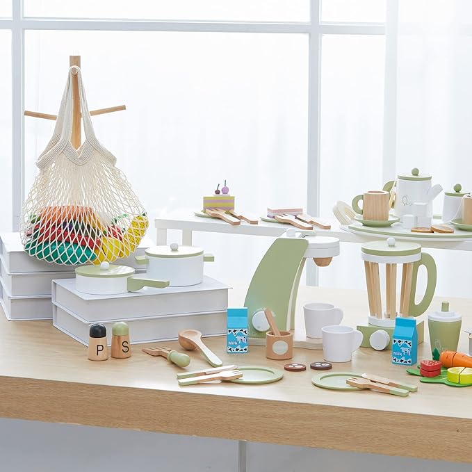 Teamson Kids - Little Chef Frankfurt Wooden Cookware Play Kitchen Accessories for Toddler Boys and Girls, Cookware Set Includes Utensils, Pots, Pans, Plates