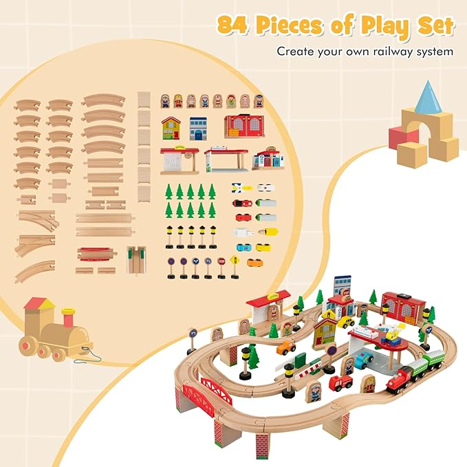HONEY JOY Train Table, Wooden Kids Activity Table with Storage, 84 Multicolor Pieces, Tracks, Trains, Cars, Toddler Toy Train Table Set w/Reversible Tabletop, Gift for Boys Girls Ages 3+ (Natural)