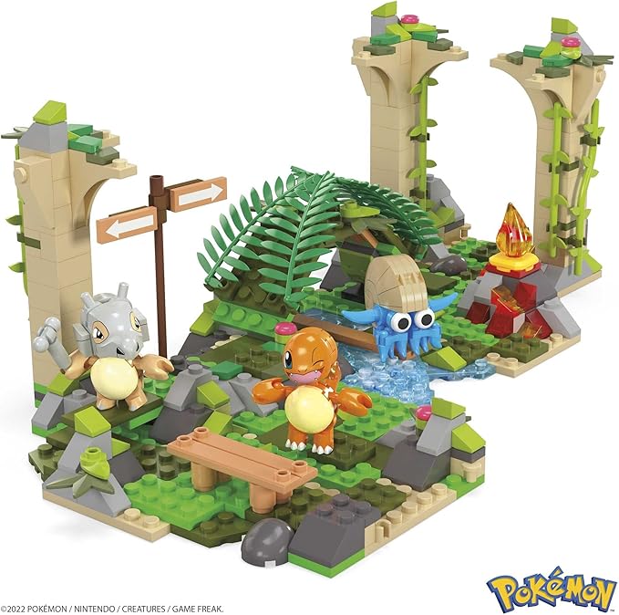 Mega Pokemon Action Figure Building Toy, Jungle Ruins with 464 Pieces, Motion and 3 Characters, Cubone Charmander Omanyte, Gift Idea for Kids