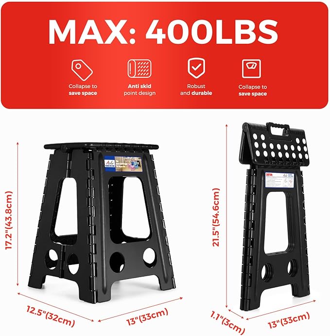 ACKO Folding Step Stool Foldable 17.5 Inch Stool 400 lbs Capacity,Plastic Stools for Adults and Kids,Collapsible Stool for Kitchen, Stepping Stool with Handle(Black)