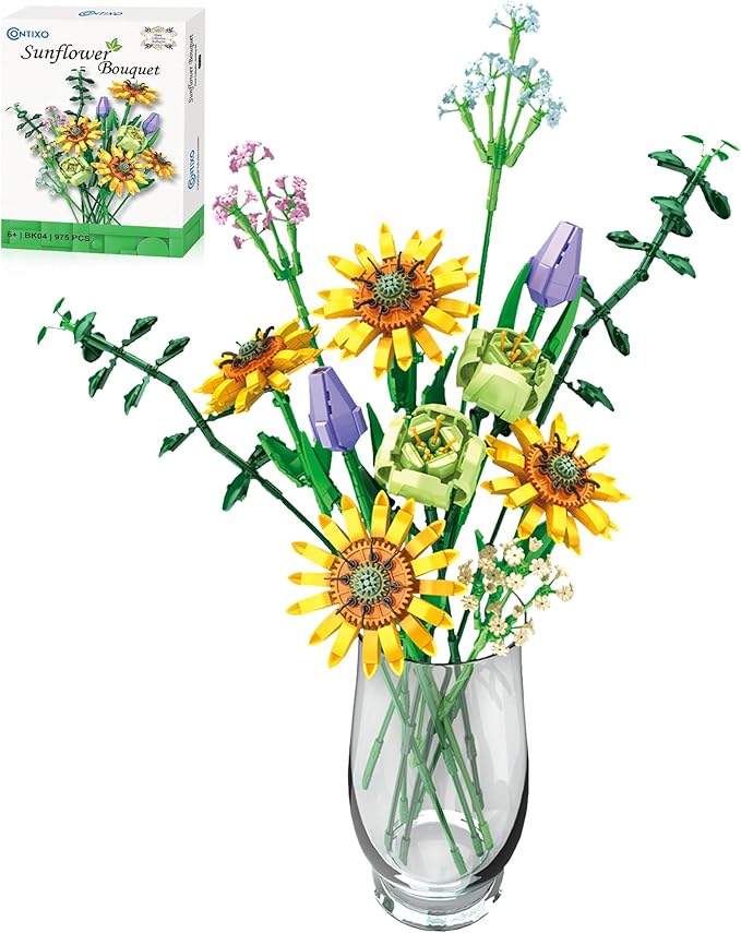 Contixo Flowers Bouquet Building Blocks Set - BK04 Artifical Sunflower Botanical Collection Kids Building Toys Kit 975 PCS, Home Plant Decor Toy Gift for Adults Kids Girls Ages 6+