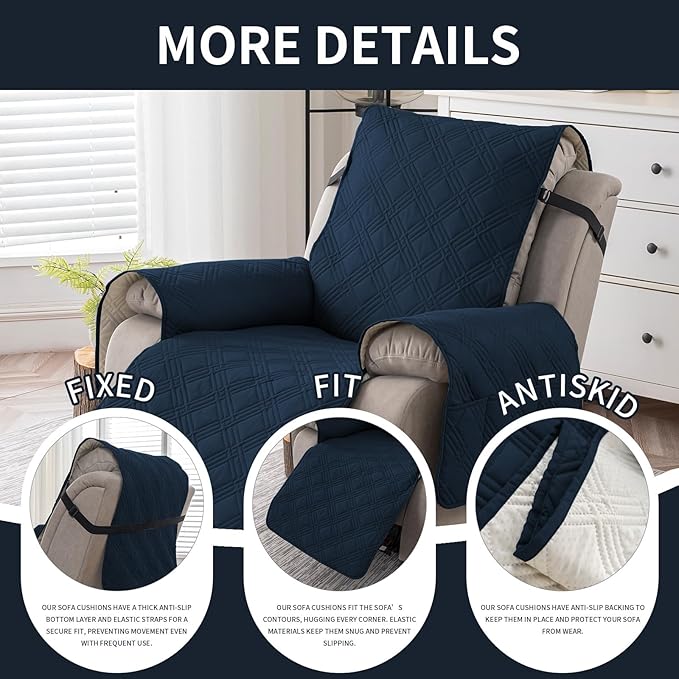Easehomey 100% Waterproof Recliner Chair Covers, Non Slip Dog Chair Cover Furniture Protector Washable Chair Cover with Pocket, Elastic Straps for Kids,Pets,Dogs (Dark Blue, 23.6")