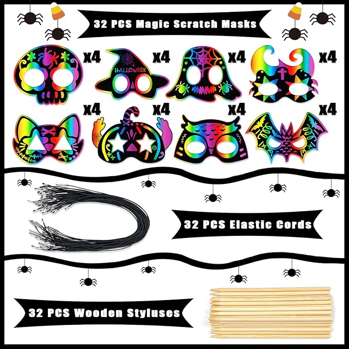 PARTYWIND 32 PCS Halloween Scratch Masks, Magic Halloween Scratch Art Crafts for Kids Party Decorations, DIY Scratch Off Masks for Kids Halloween Activities Party Supplies with Pumpkin Zombie Bat