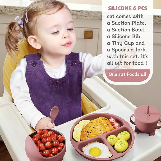 RyanLemon Baby Feeding Set, Baby Flatware Sets, Silicone Baby Led Weaning Set, Suction Plate and Bowl, Pocket Bib, Spoon Fork, Toddler Flatware Set for Babies 6 Months+, Pink