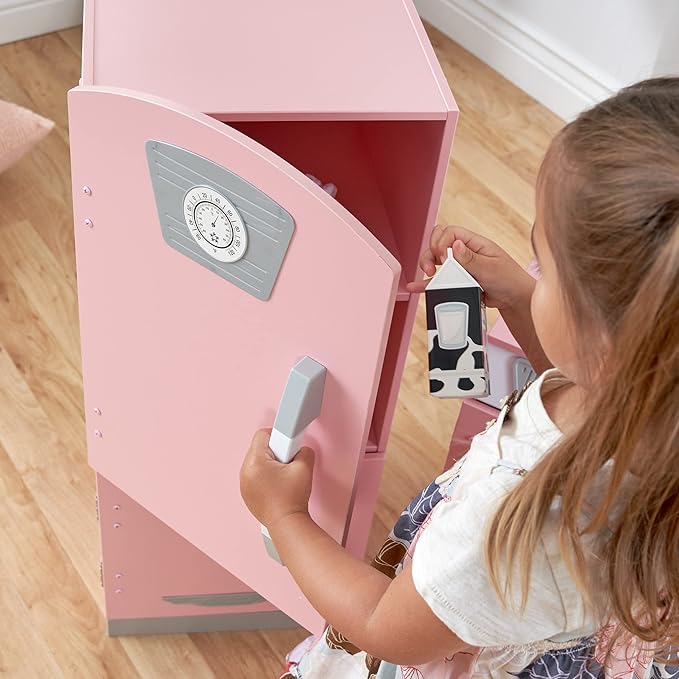 KidKraft Retro Wooden Play Kitchen and Refrigerator 2-Piece Set with Faucet, Sink, Burners and Working Knobs, Pink, Gift for Ages 3+