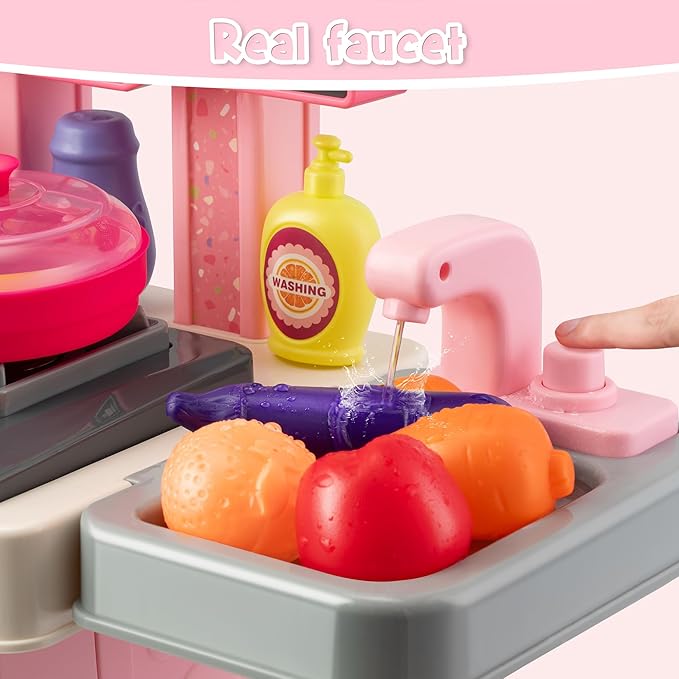 Kids Kitchen Playset-53pcs Cooking Stove,Paly Sink,Oven,Kitchen Toys with Realistic Lights&Sounds，Pretend Play Toys,Kitchen Toys for Toddlers 1 2 3 (Pink)