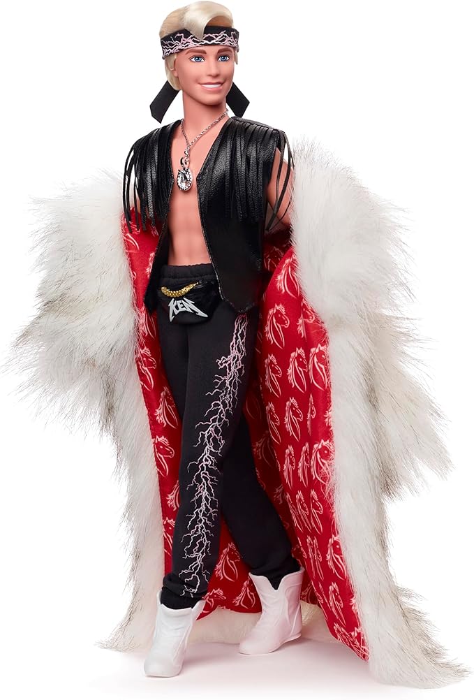 Barbie The Movie Collectible Ken Doll Wearing Big Faux Fur Coat & Black Fringe Vest with Bandana (Amazon Exclusive)