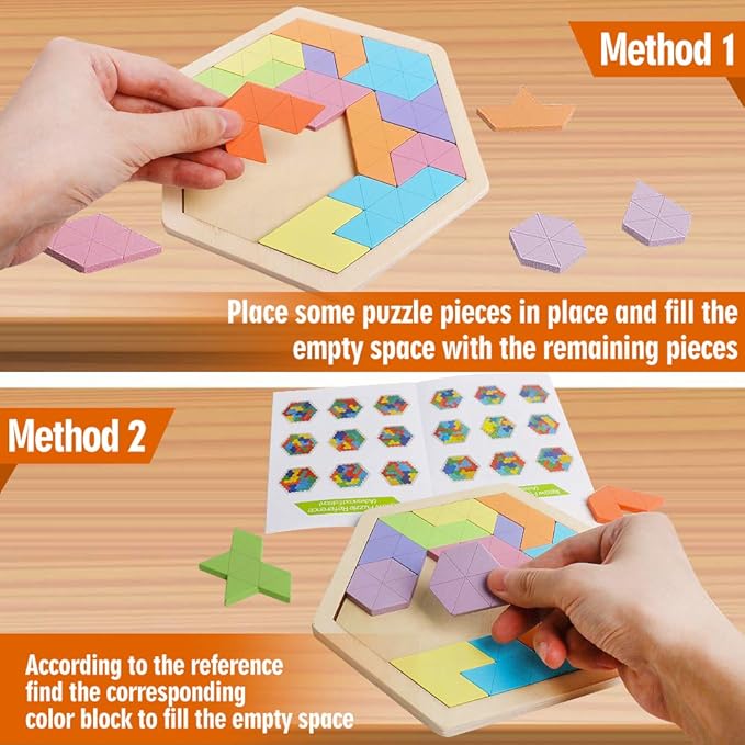 Skrtuan Wooden Hexagon Puzzle for Kid Adults Wooden Blocks Puzzle Brain Teasers Toy Shape Pattern Blocks Tangram Puzzles Games Family Portable Montessori Educational Gift for All Ages Children