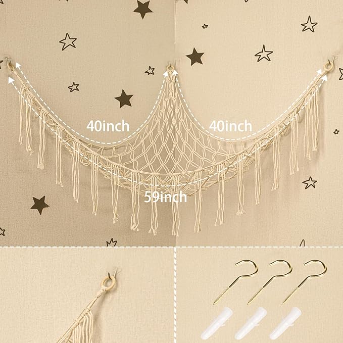 Boho Stuffed Animals Net or Hammock Large,55 inch Toy Hammock Macrame Stuff Animal Storage Corner Hanging Net Holder,Mesh Hammock Plush Toy Organizer with Hooks for Bedroom,Nursery (White)