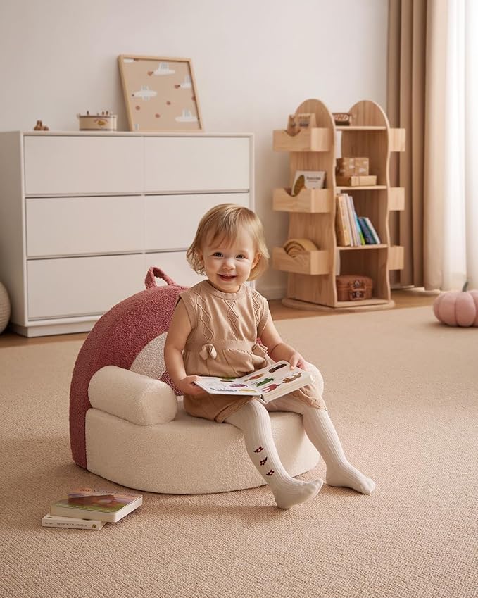Blissful Diary Toddler Chair Comfy, Foam Kids Chair with Soft Teddy Plush, Toddler Reading Armchair with Cute Rainbow Designs- Light Cream