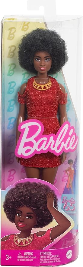 Barbie Fashionistas Doll #221 with Natural Black Hair Wearing Removable Red Dress & Accessories, 65th Anniversary Collectible Toy