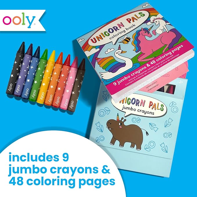 Ooly Travel Art Kit with 9 Jumbo Crayons & 48 Themed Coloring Pages & Case for Easy Traveling Art Creation, Perfect Airplane Travel Set to Entertain Kids - Unicorn Pals