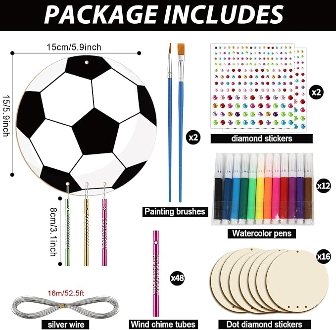 gisgfim 16 Pack Soccer Wind Chime Crafts Kits for Kids Make Your Own Soccer Wind Chime Wooden DIY Arts and Crafts Decoration for Birthday Party School Classroom Decorations Supplies Birthday Favors